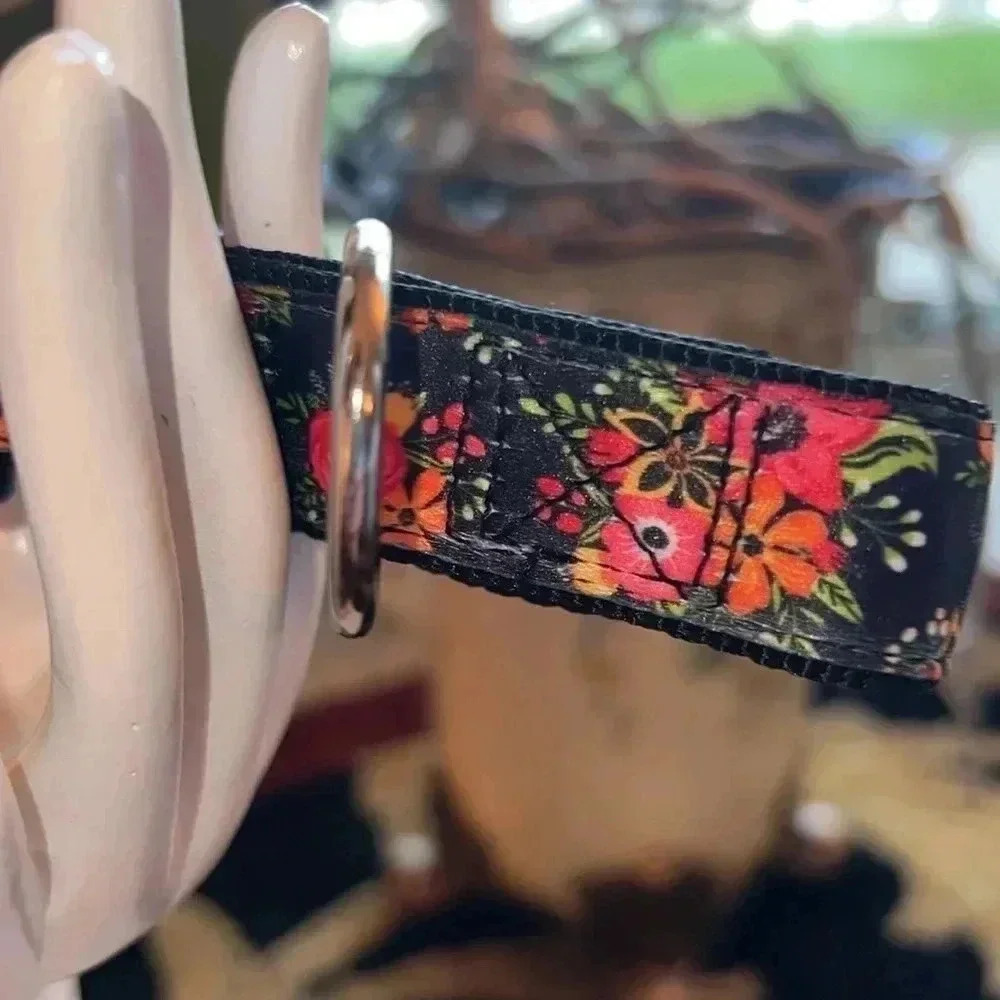 Dog Collar Orange Pink Floral Black Extra Large Heavy Duty Quick Release Collar - Picture 6 of 16